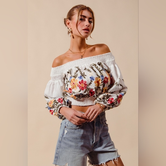 Floral Embroidered Off The Shoulder Crop Top - Picture 3 of 9